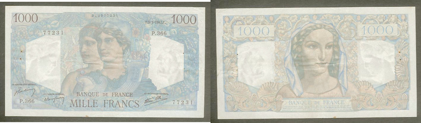 1000 Francs MINERVE ET HERCULE FRANCE 9.1.1947 TTB